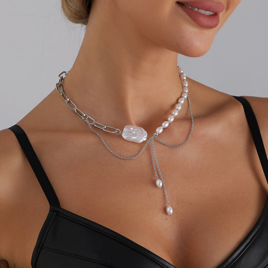 Elegant Geometric Alloy Tassel Necklace with Pearl Accents for Women