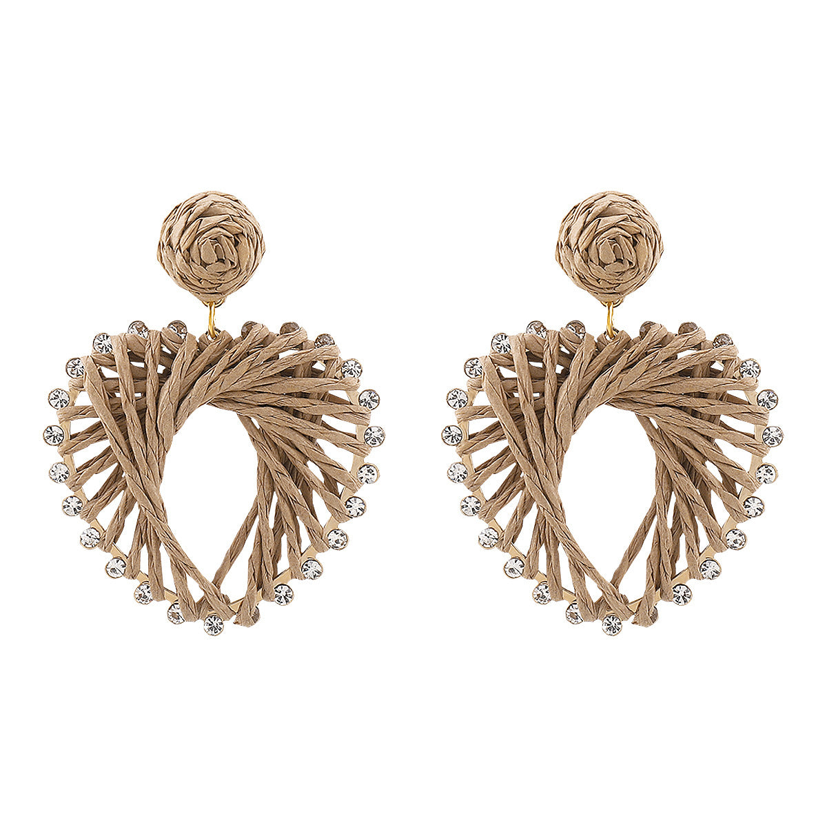 Orecchini Pendenti a Cuore in Rame Intrecciato Bohemien con Strass su Base in Lega