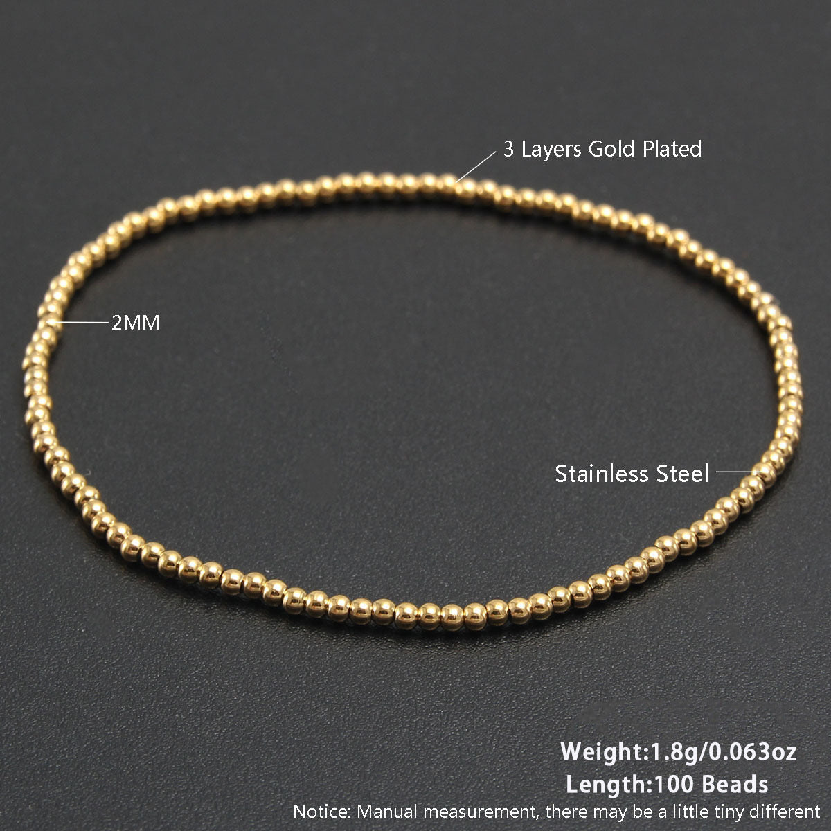 Gold Plated Stainless Steel Ball Chain Bracelet Unisex Elastic Beaded Hand String