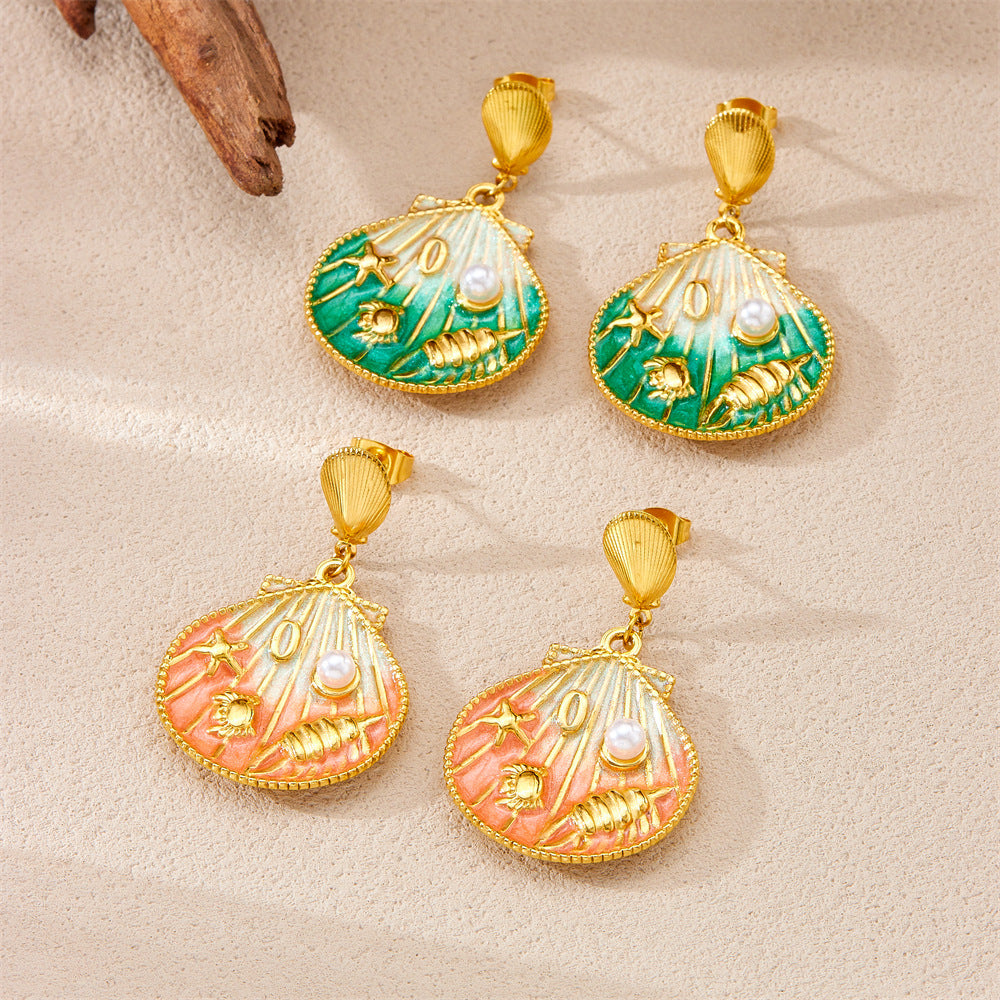 Pendientes de acero inoxidable para mujer con colgante de esmalte de vieira, estrella de mar y concha, con diseño de dibujos animados, bonitos, inspirados en el océano y con degradado.