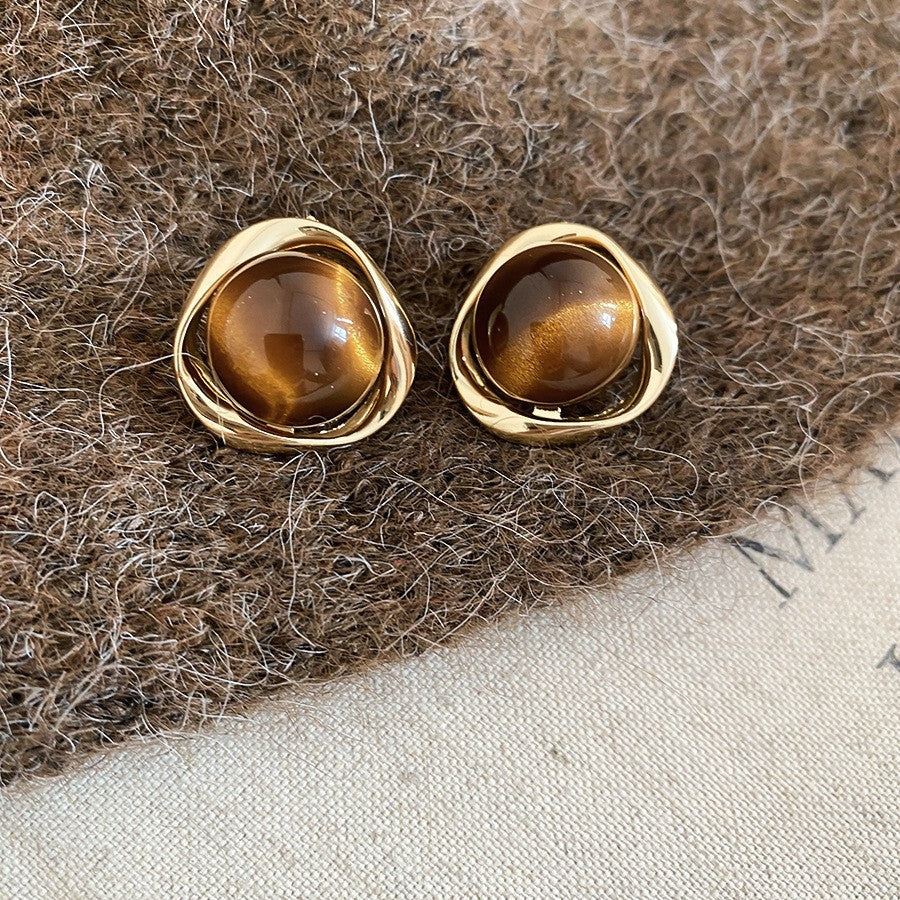 Orecchini a perno geometrici vintage in occhio di tigre, in acciaio placcato oro 18 carati da donna