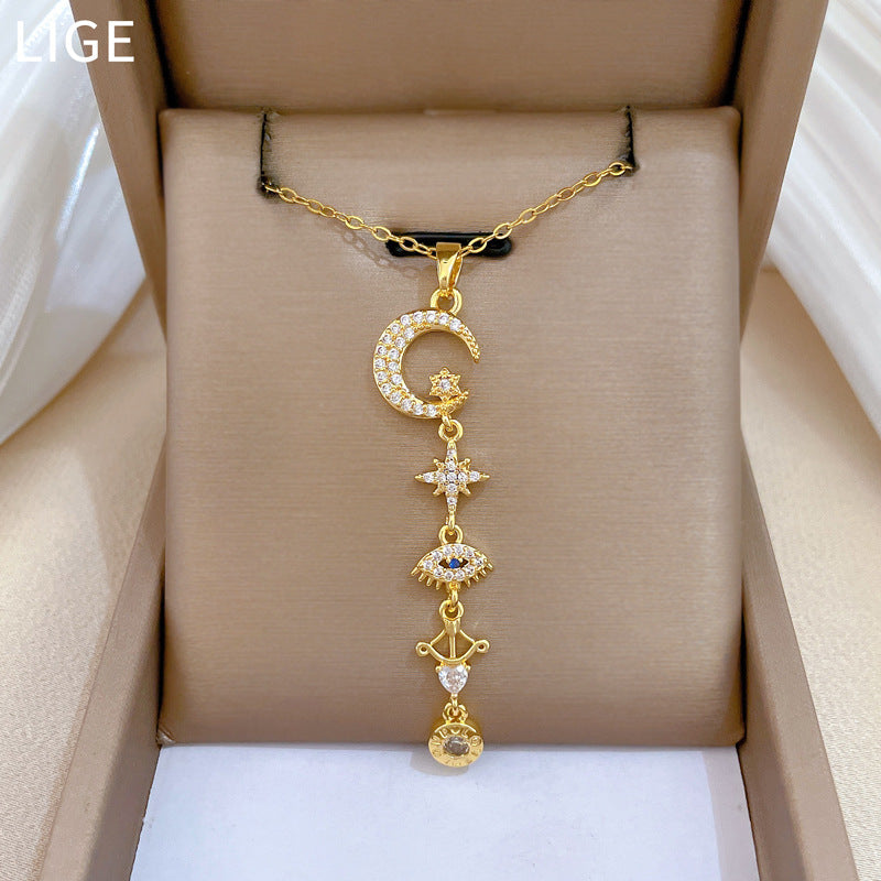 Sweet Elegant Star Moon Geometric Rhinestone Inlay Titanium Steel Necklace with Brass Pendant for Women