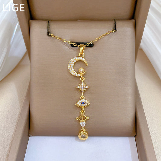 Sweet Elegant Star Moon Geometric Rhinestone Inlay Titanium Steel Necklace with Brass Pendant for Women