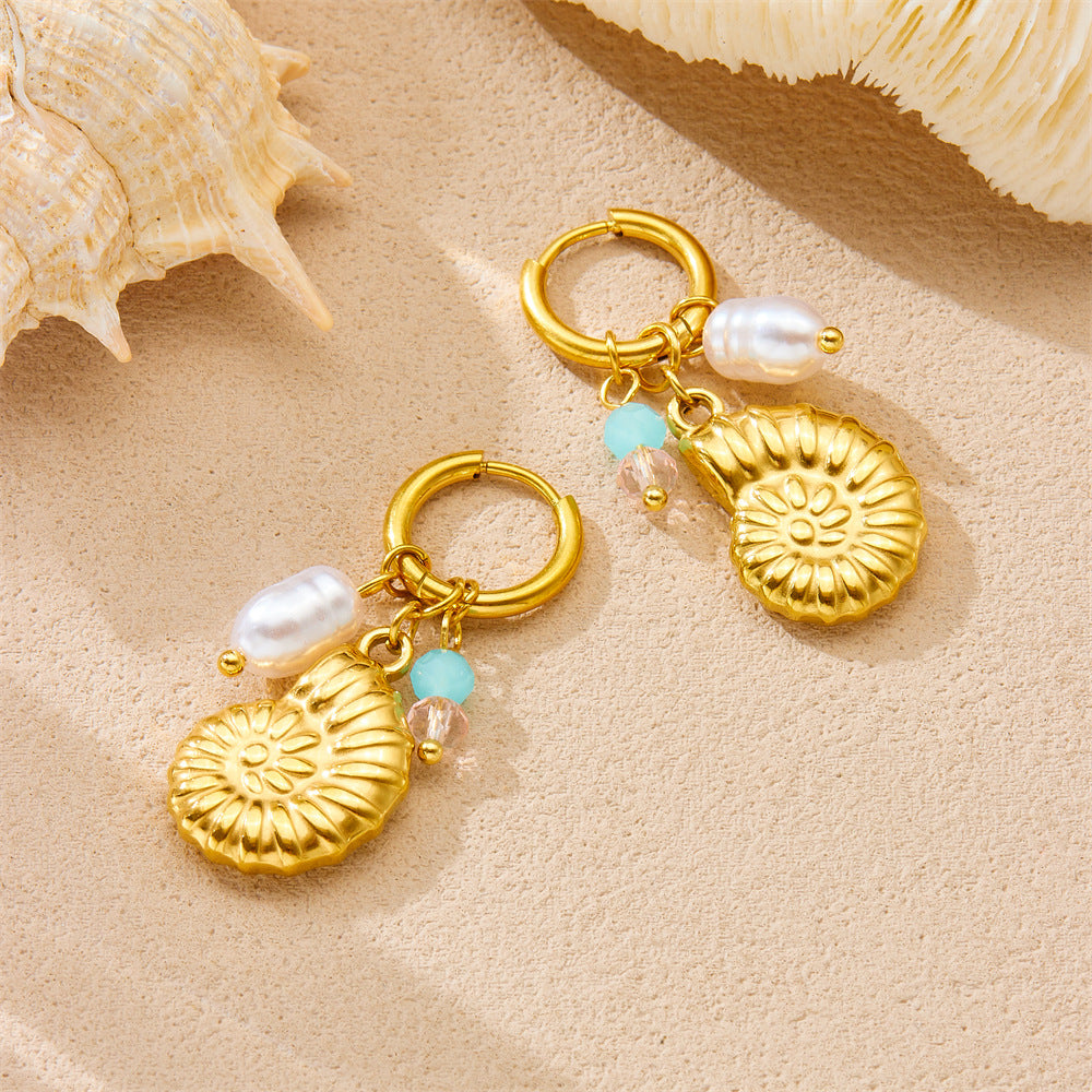 Minimalist Gold Plated Conch Shell and Pearl Drop Earrings for Women