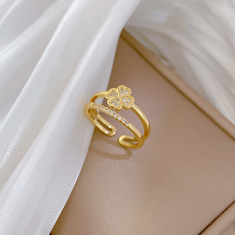 Sweet Minimalist Gold Plated Brass Floral Ring with Rhinestones Adjustable Open Band for Women and Couples