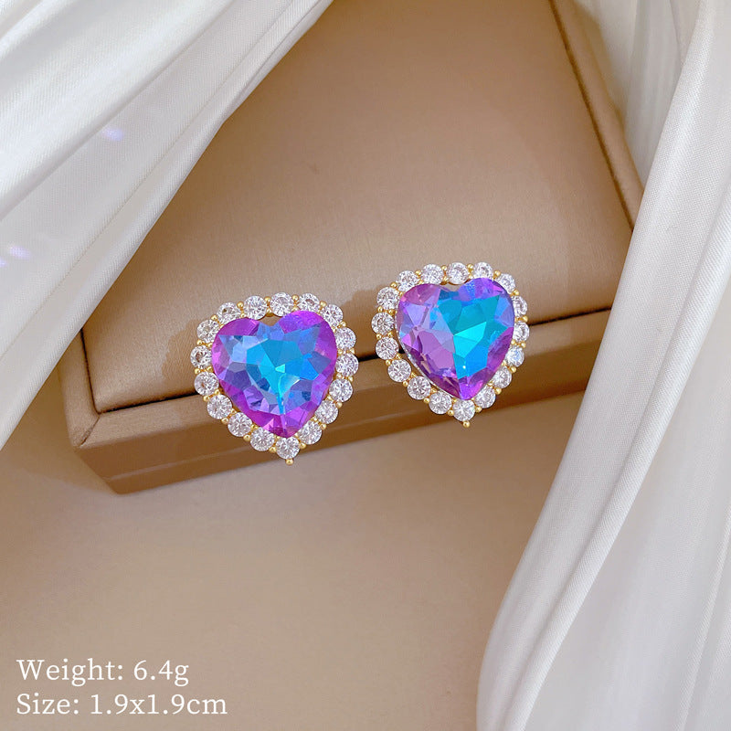 Cartoon Style Heart-Shaped Plated Copper Necklace Set with Ear Studs for Women and Men, Dainty Clavicle Chain Featuring Full Rhinestone Inlay and Fresh Sweet Aesthetic