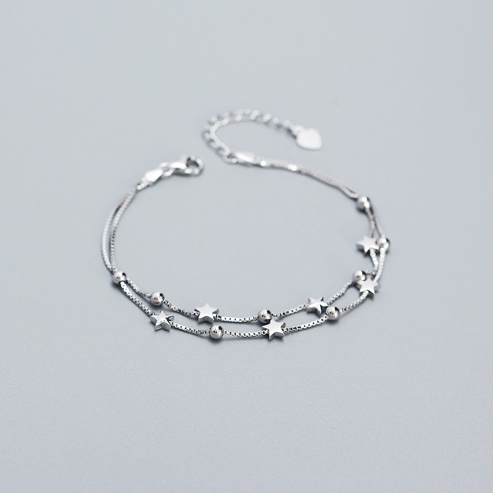 Bracciale da donna con doppio strato di perline a forma di stella minimalista, fresco e dolce, in argento sterling S925