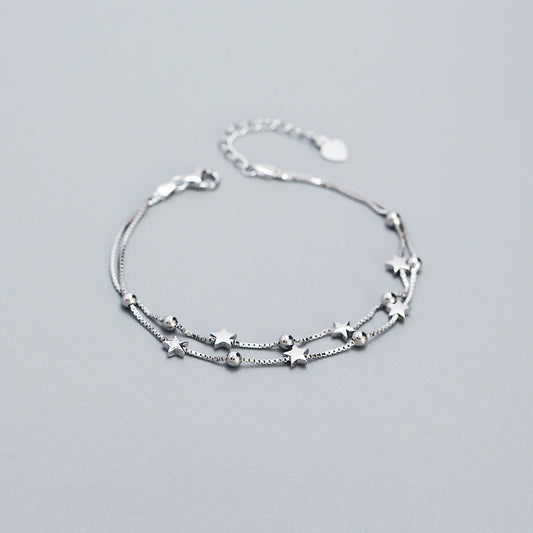 Sweet and Fresh Minimalist Star-Shaped S925 Sterling Silver Double-Layer Beaded Bracelet for Women