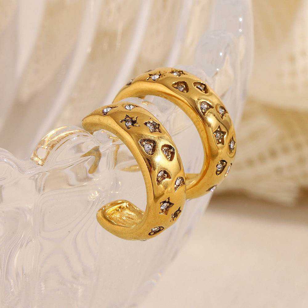 Minimalist Geometric Star and Moon Stainless Steel Earrings with 18K Gold Plating and Cubic Zirconia Accents