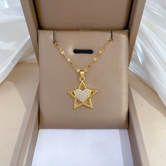 Collar de lujo de acero de titanio con colgante de estrella y corazón para mujer con incrustaciones de diamantes de imitación, diseño geométrico, delicada cadena para la clavícula