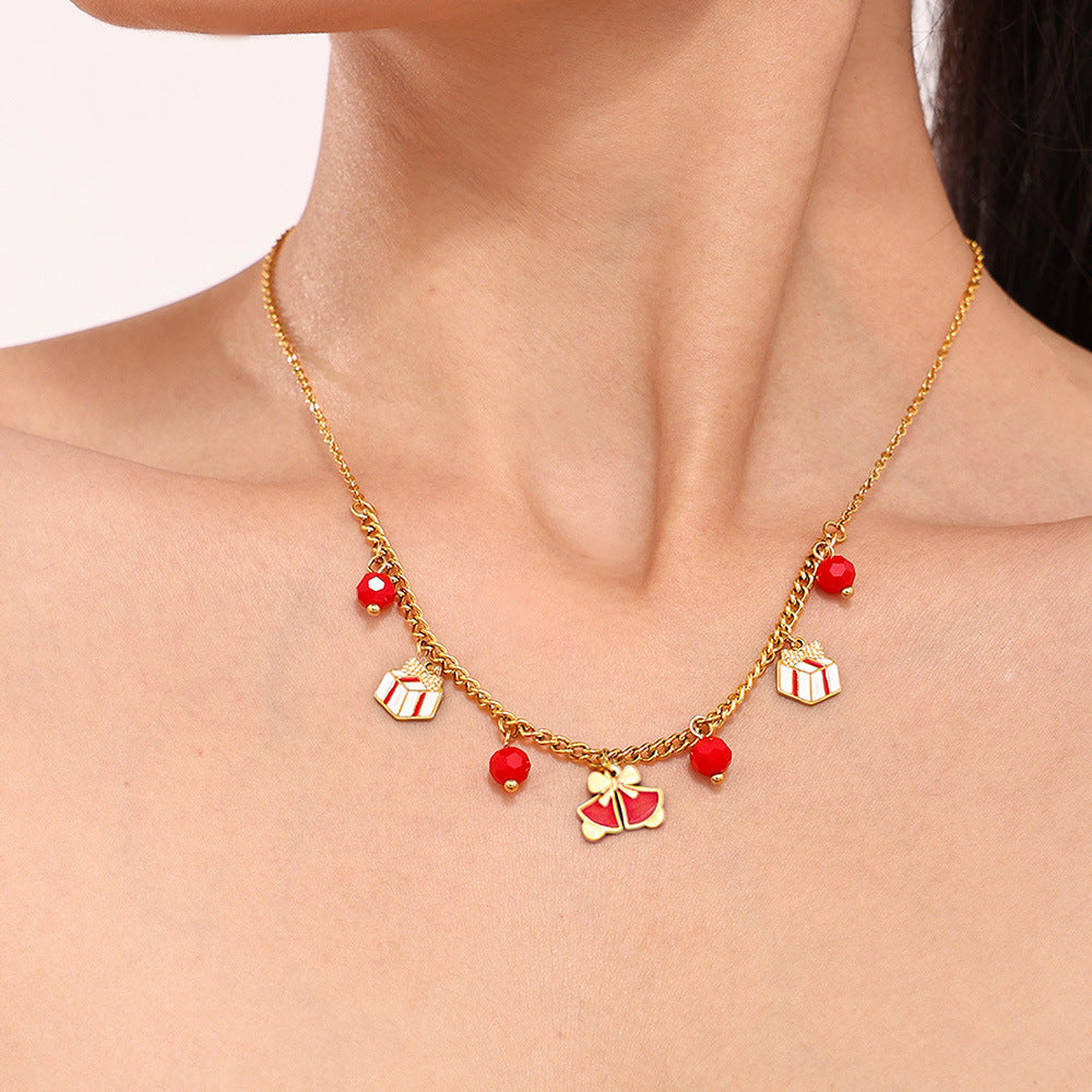 Set Collana con Ciondolo a Ruota Panoramica Stile Lusso con Granato Smaltato Design Geometrico per Donne Gioielli in Acciaio Inossidabile