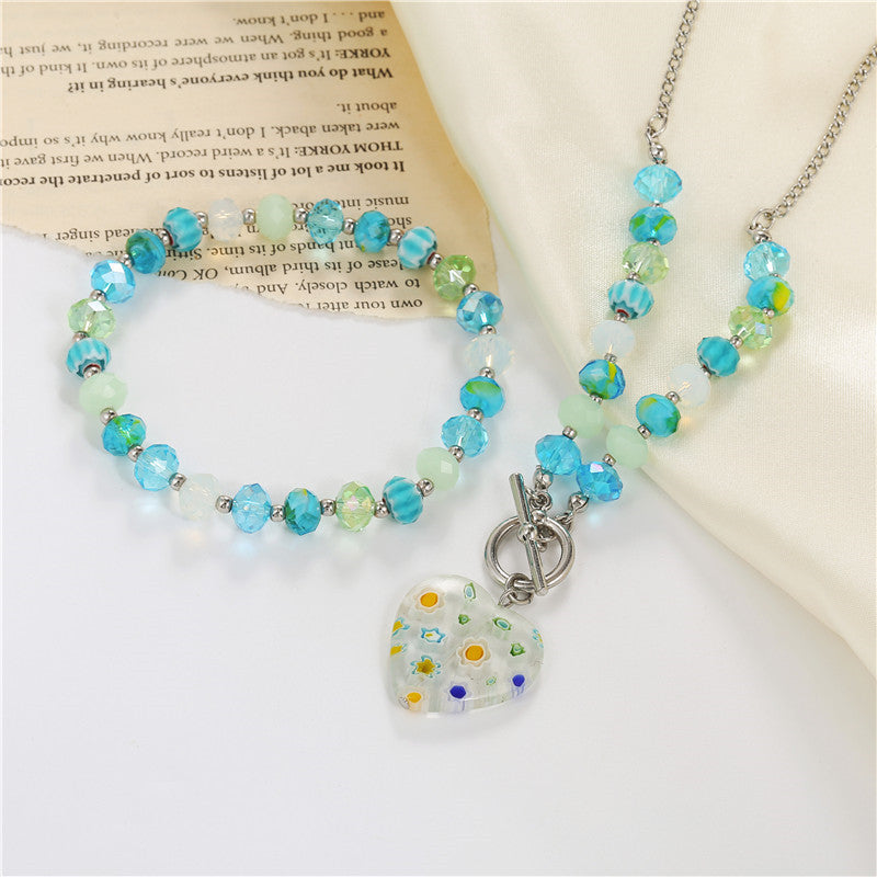 Bohemian Style Heart-Shaped Alloy Necklace Set with Beaded Design for Women