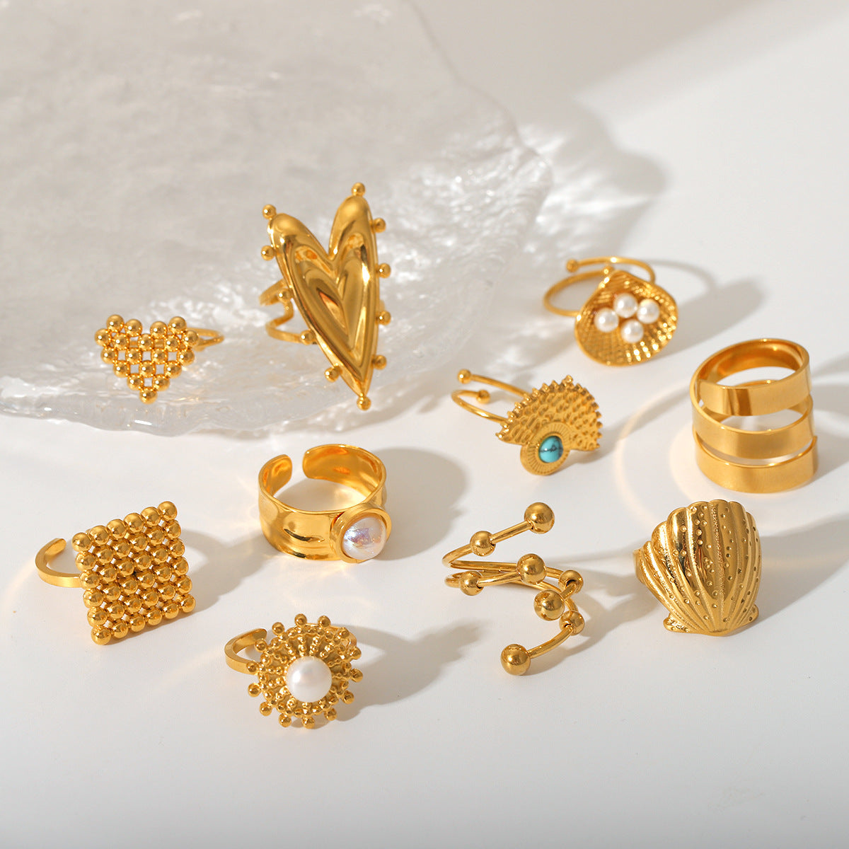 Anello aperto geometrico da donna stile Instagram in acciaio inossidabile con intarsio in perla e conchiglia e finitura placcata