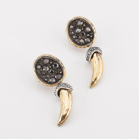 Pendientes de Aleación Geométricos en Forma de Cuerno Estilo Vintage con Incrustaciones de Pedrería para Mujer