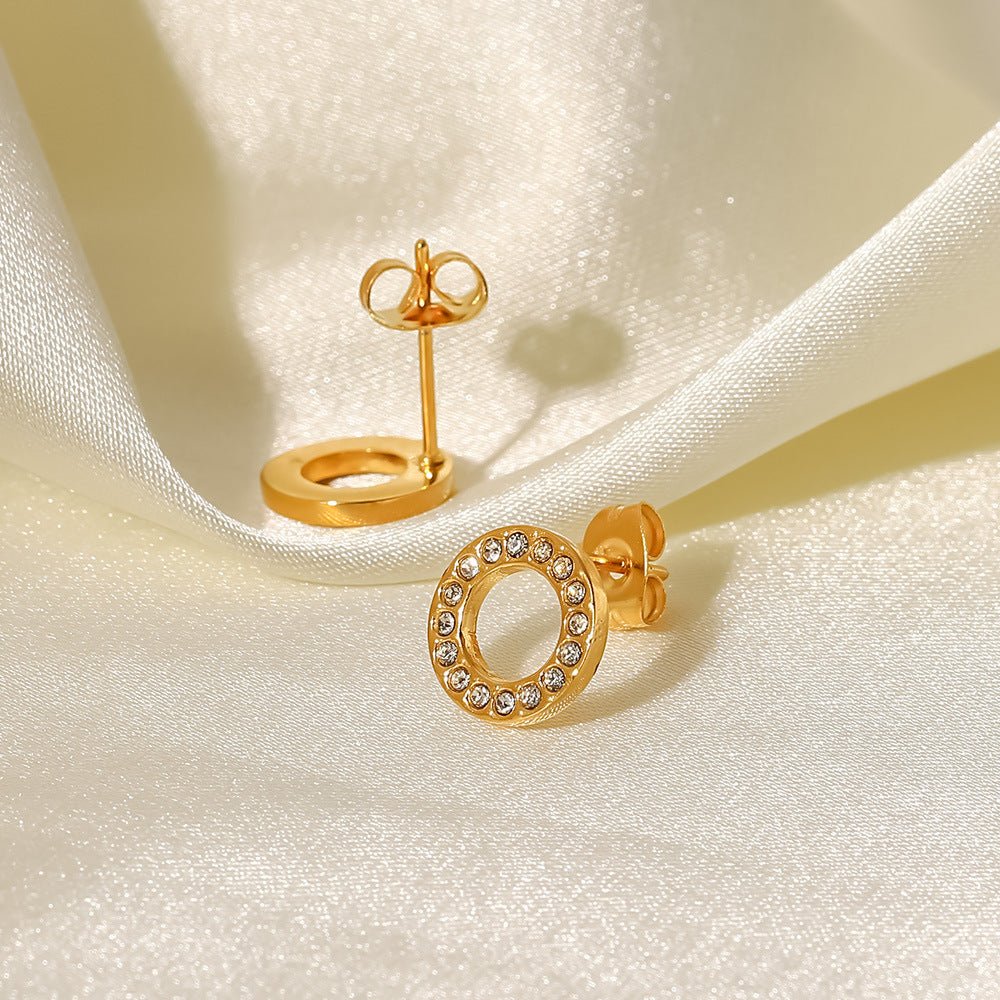 Women's Titanium Steel Geometric White Hollow Round Cubic Zirconia Stud Earrings with 18K Gold Plating