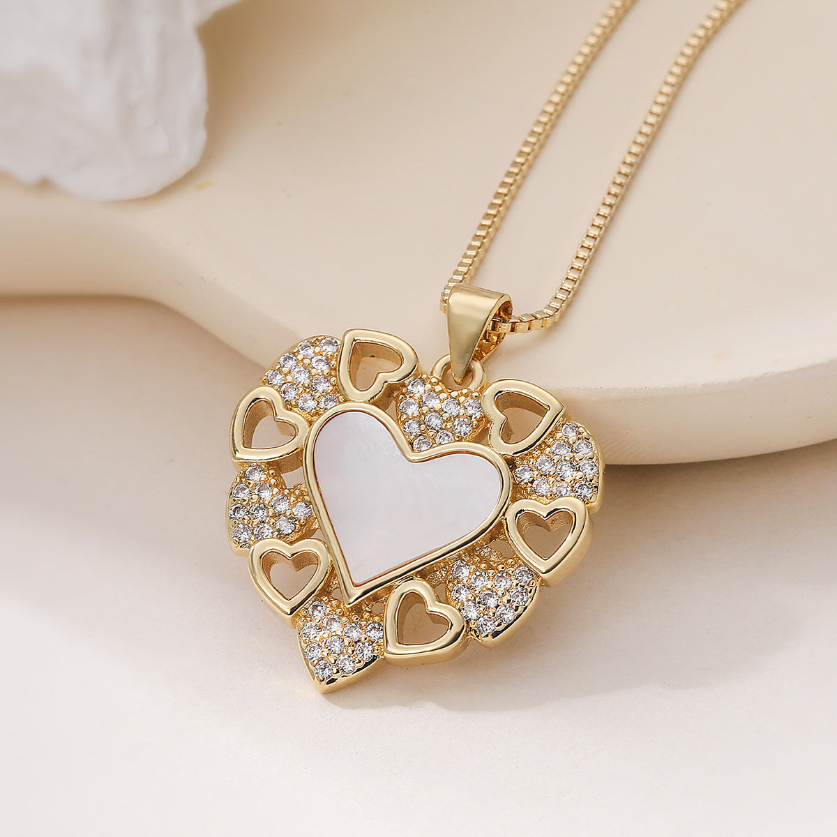 Minimalist Heart Geometric Brass Necklace with Cubic Zirconia Inlay for Women