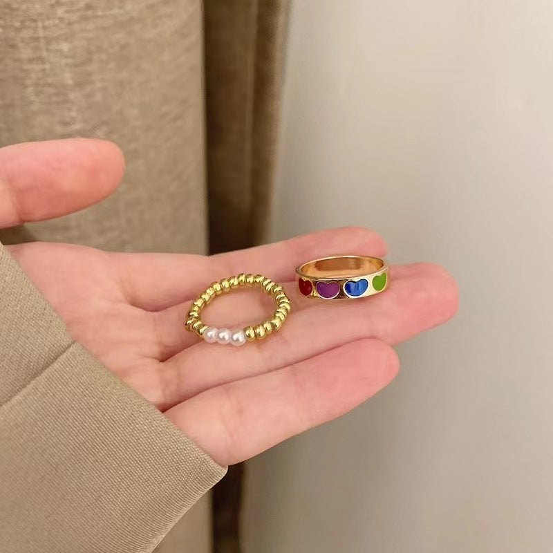 Sweet Minimalist Heart-Shaped Alloy Ring Set with Rhodium Plating for Women, Geometric Design Pearl Accent Stackable Band