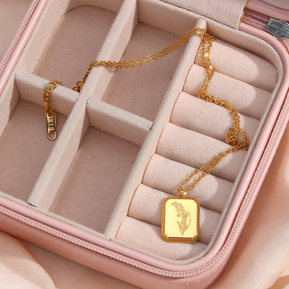 Fashionable Floral Embossed Square Pendant Necklace for Women in Stainless Steel with Plated Finish