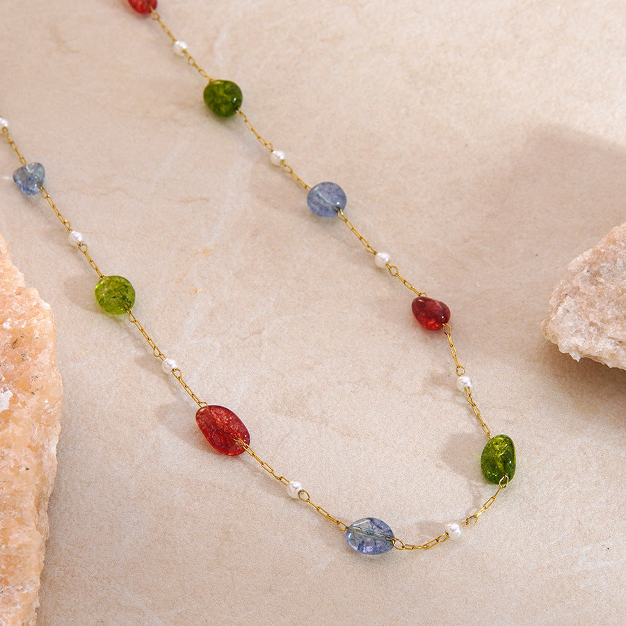 Set di collana e bracciale in acciaio inossidabile placcato oro 18K con design floreale rotondo, minimalista e grazioso, con perline di cristallo da donna