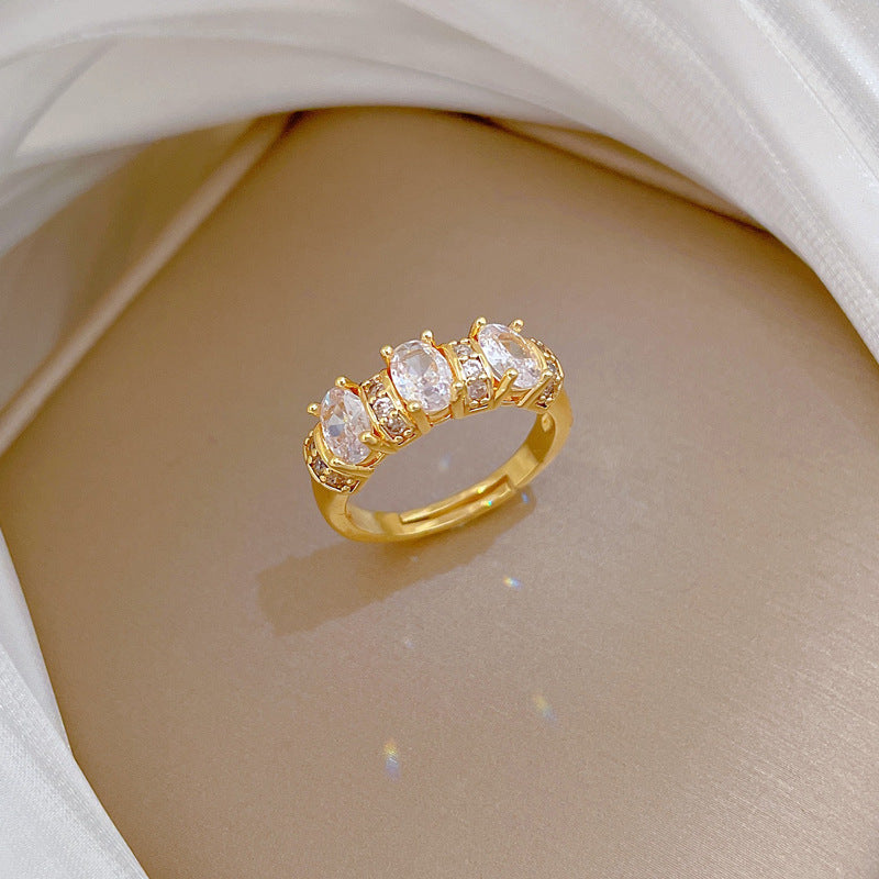 Sweet Minimalist Gold Plated Brass Rhinestone Crown Ring Adjustable Open Band for Women and Couples