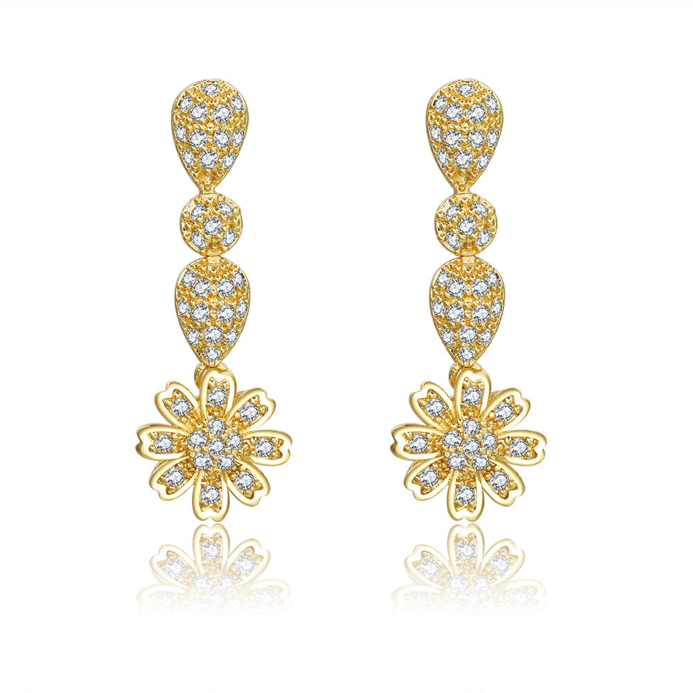Vintage Gold Plated Brass Teardrop Floral Earrings with Cubic Zirconia
