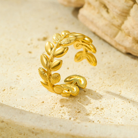 Minimalist Luxury Stainless Steel Ring with 18K Gold Plated Leaf Texture Design for Women