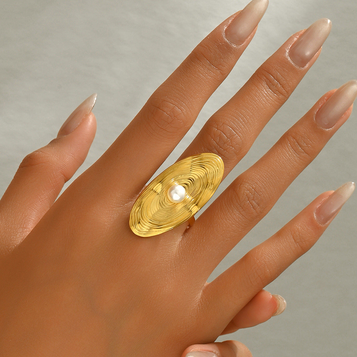 Anello Minimalista Geometrico in Rame con Intarsio di Perle da Donna, Fascia Aperta Regolabile, Anello Statement per Dito Indice