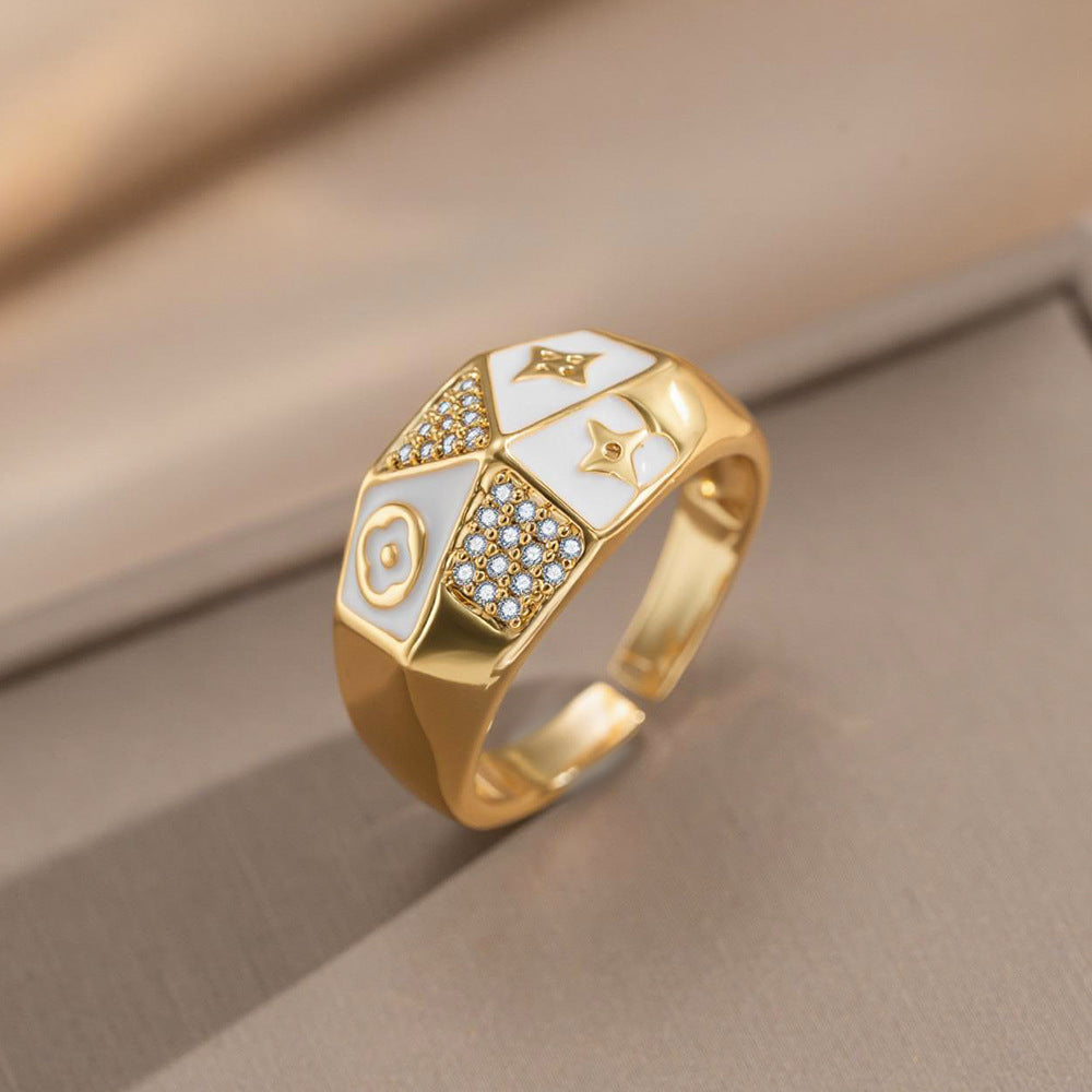 Fashion Luxury Geometric Irregular Enamel Zircon 18K Gold Plated PVD Copper Open Ring for Unisex