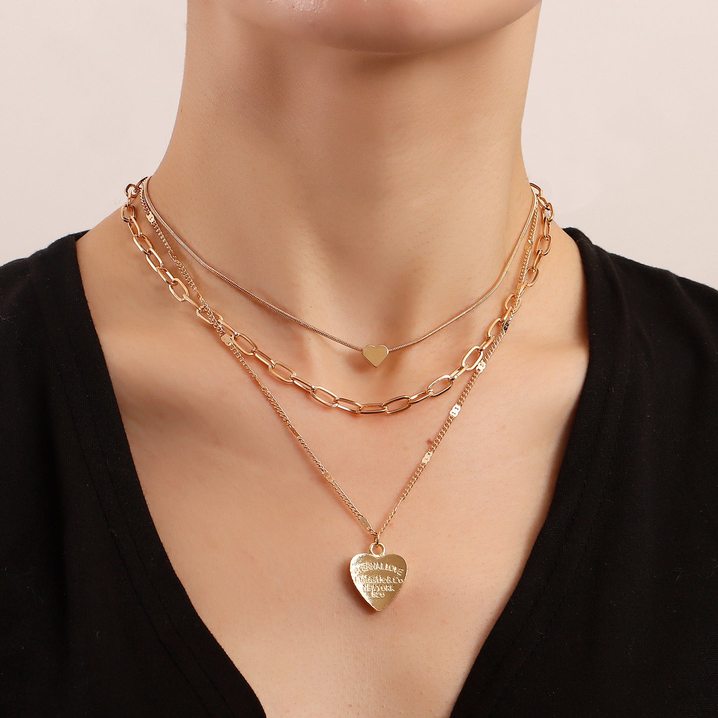 Minimalist Heart-Shaped Alloy Pendant Necklace with Gold Plating for Women, Snake Chain Design