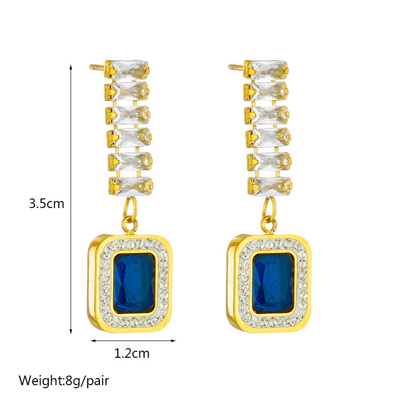 Fashionable Geometric Blue Sapphire Stud Earrings in Titanium Steel with Rhinestone Inlay and Plated Finish