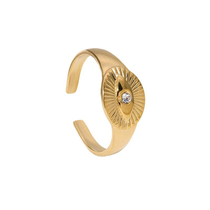 Vintage-Style Evil Eye Stainless Steel Ring with Rhinestone Inlay, Adjustable Band, Minimalist Fashion Accessory for Women