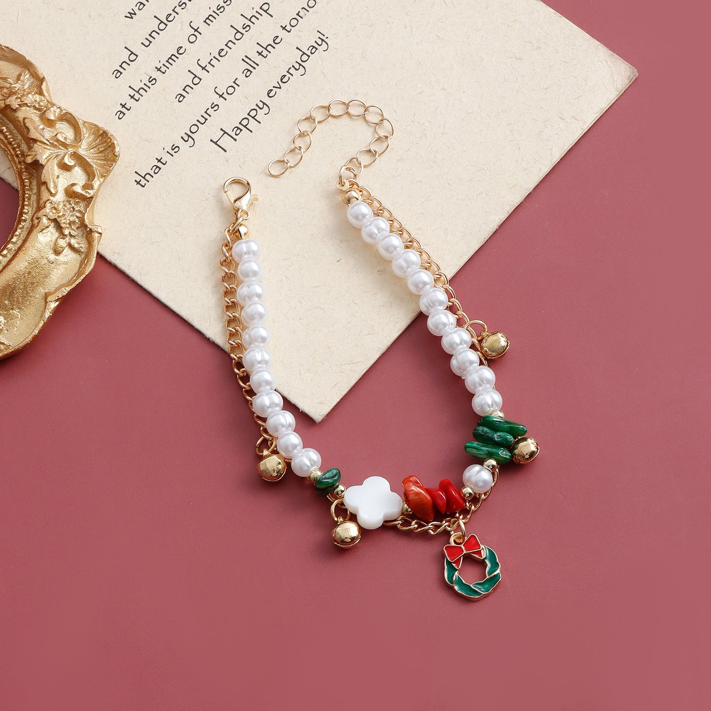 Minimalist Geometric Clover Bell Pearl Bracelet with Plated Finish for Christmas and Anniversary Gifting