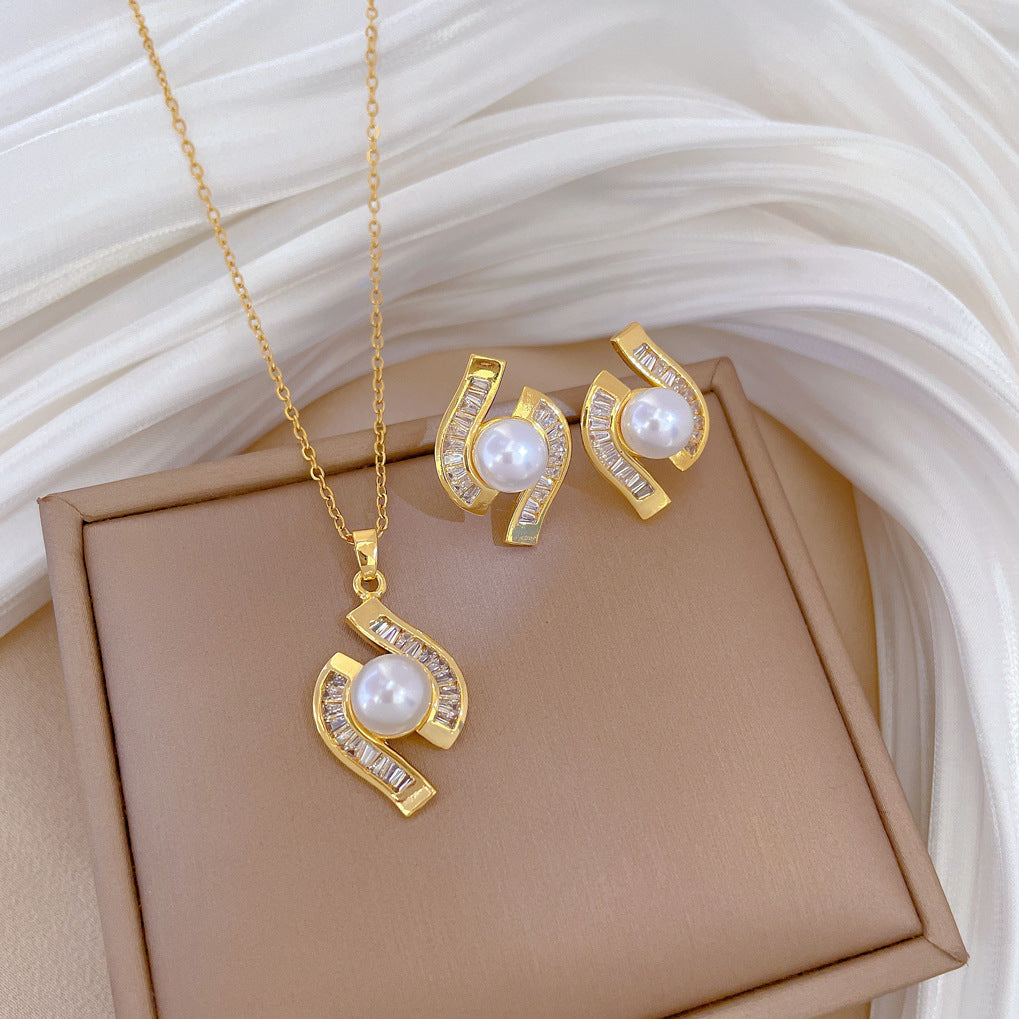 Luxury Fresh and Sweet Plated Brass Zircon Micro-Pave Earrings and Necklace Set