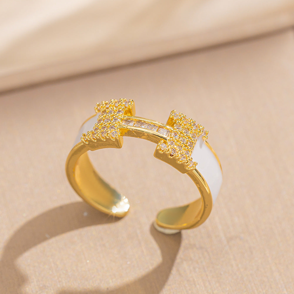 Luxury Minimalist Adjustable Open Ring for Women with Gold-Plated Copper Band and Zircon Stone Accent in Heart and Floral Shape