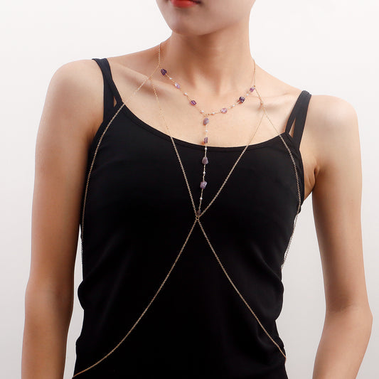 Collana a catena da corpo in turchese e viola minimalista da donna in lega placcata con finitura lucida