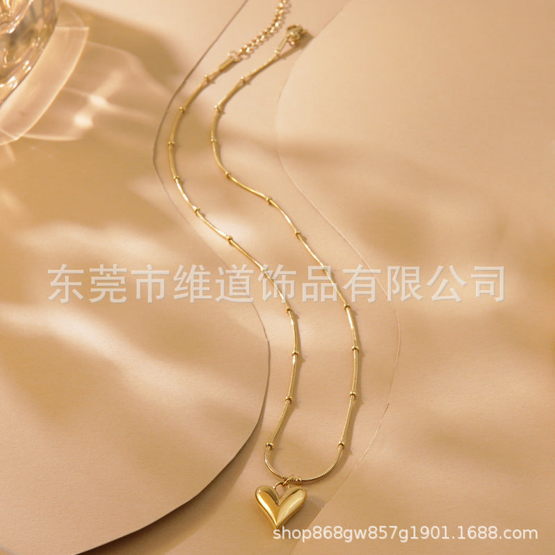 Sweet Heart Stainless Steel Plated Necklace and Earring Set with Cable Chain for Women