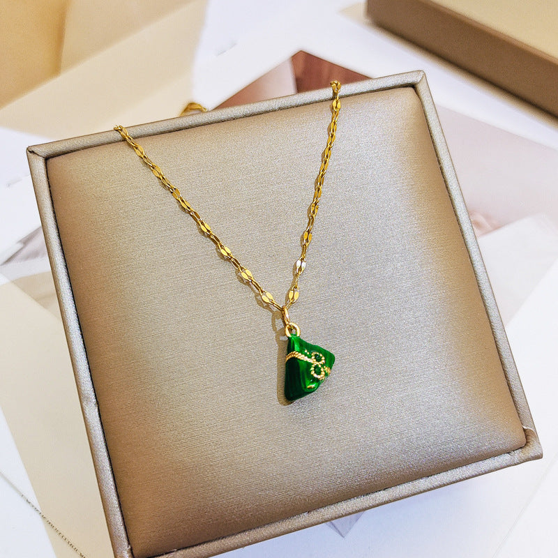 Original Design Green Mini Zongzi Pendant Necklace for Women in Titanium Steel with Snake Chain Minimalist Locket Style