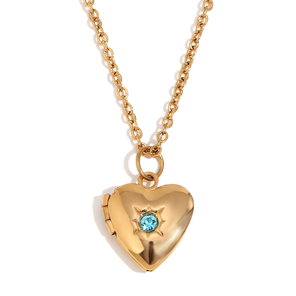 Minimalist Heart Locket Necklace with December Birthstone, Stainless Steel & Titanium Steel, 18K Gold Plated