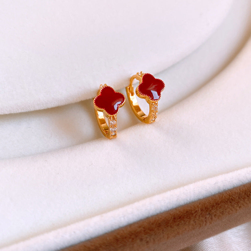 Orecchini da donna minimalisti in rame a forma di quadrifoglio, con placcatura in oro e smalto rosso