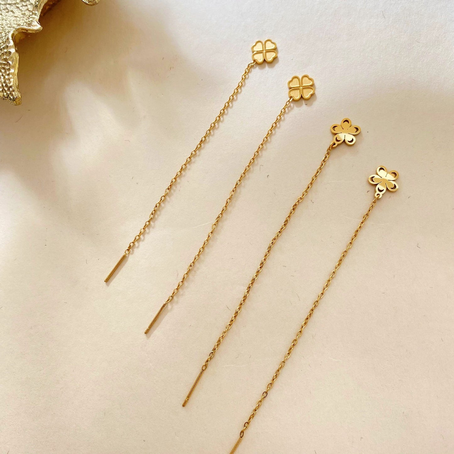 Minimalist Elegant Titanium Steel Floral Four-Leaf Clover Tassel Drop Earrings for Women