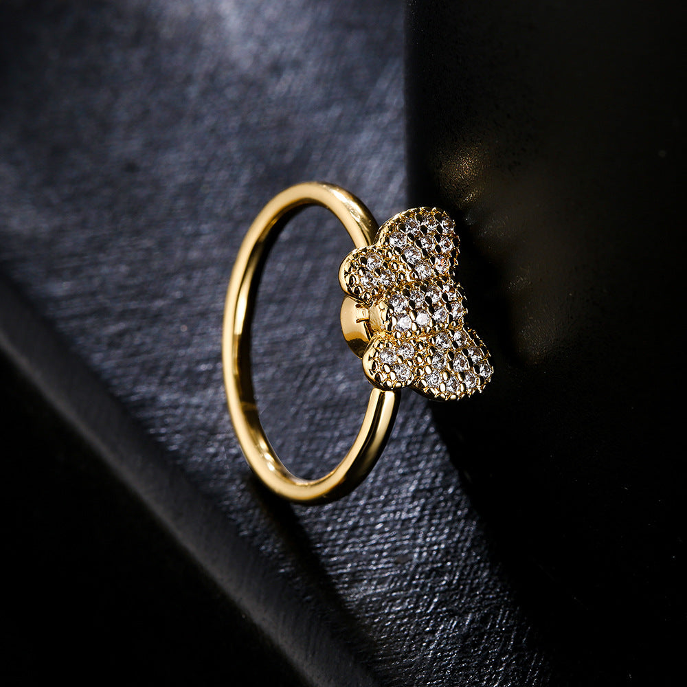 Ins Style Rotatable Butterfly and Floral Shaped Ring in Copper with 18K Gold Plating and Micro-Pavé Zirconia for Women