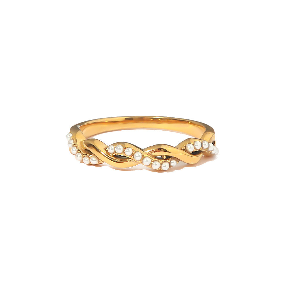 Anello Minimalista Geometrico in Acciaio al Titanio con Intarsio di Perle per Donna Anello a Fascia Intrecciata Annodata di Tendenza