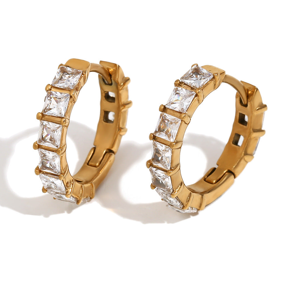 Minimalist Elegant Geometric Stainless Steel Gold Plated Rhinestone Hoop Earrings for Women