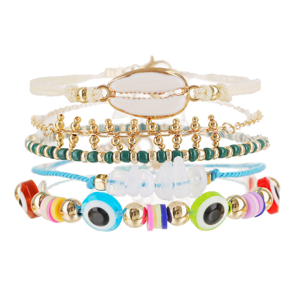 Bohemian Geometric Round Shell and Seed Bead Alloy Bracelet Set for Women