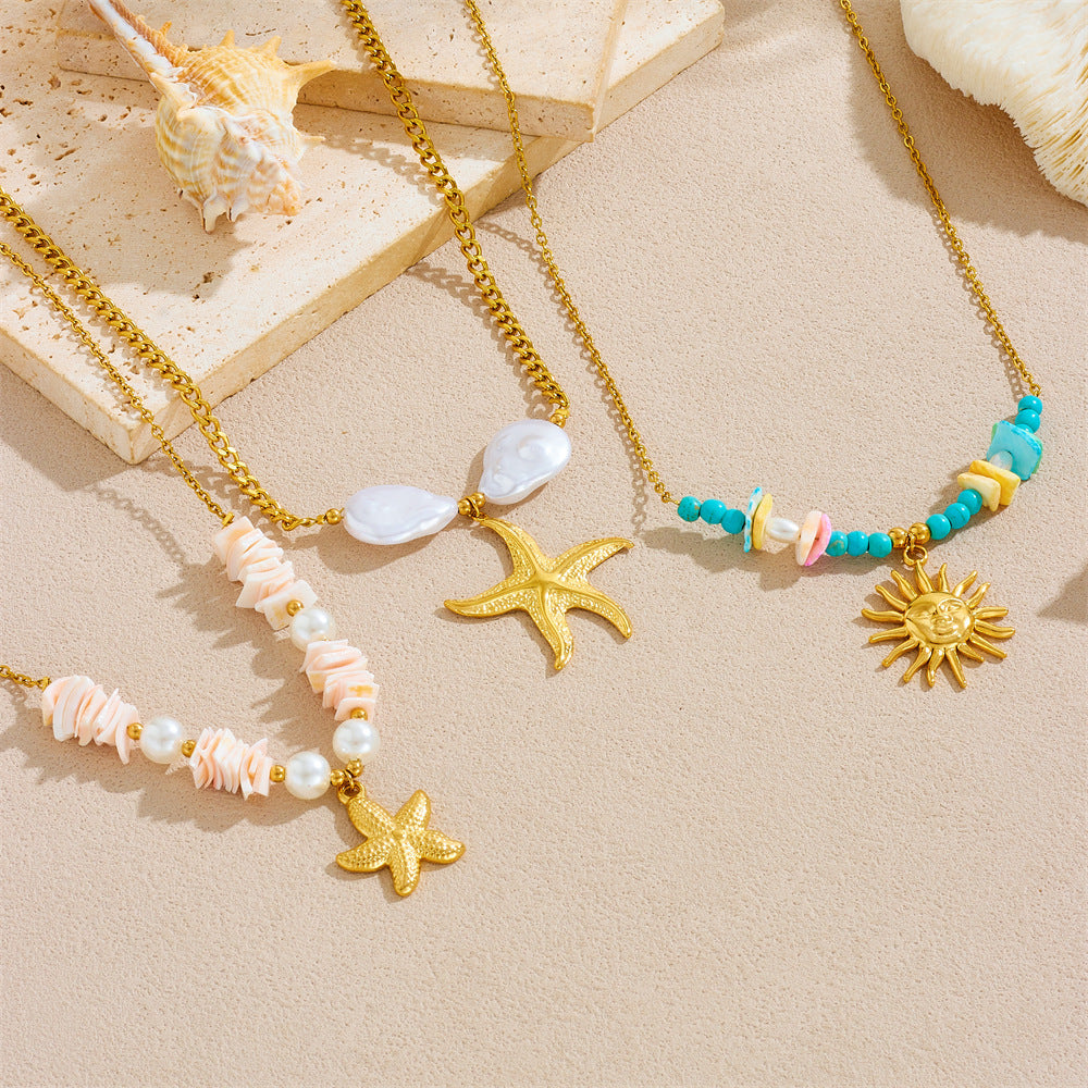 Stainless Steel Plated Star Heart Shell Cherry Sun Fish Pendant Necklace for Women Beach Vacation Style