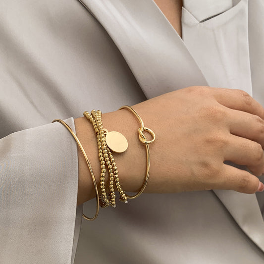 Punk Style Geometric Shiny Round Hoop Bracelet Set for Women with Plated Finish and Elastic Beaded Design