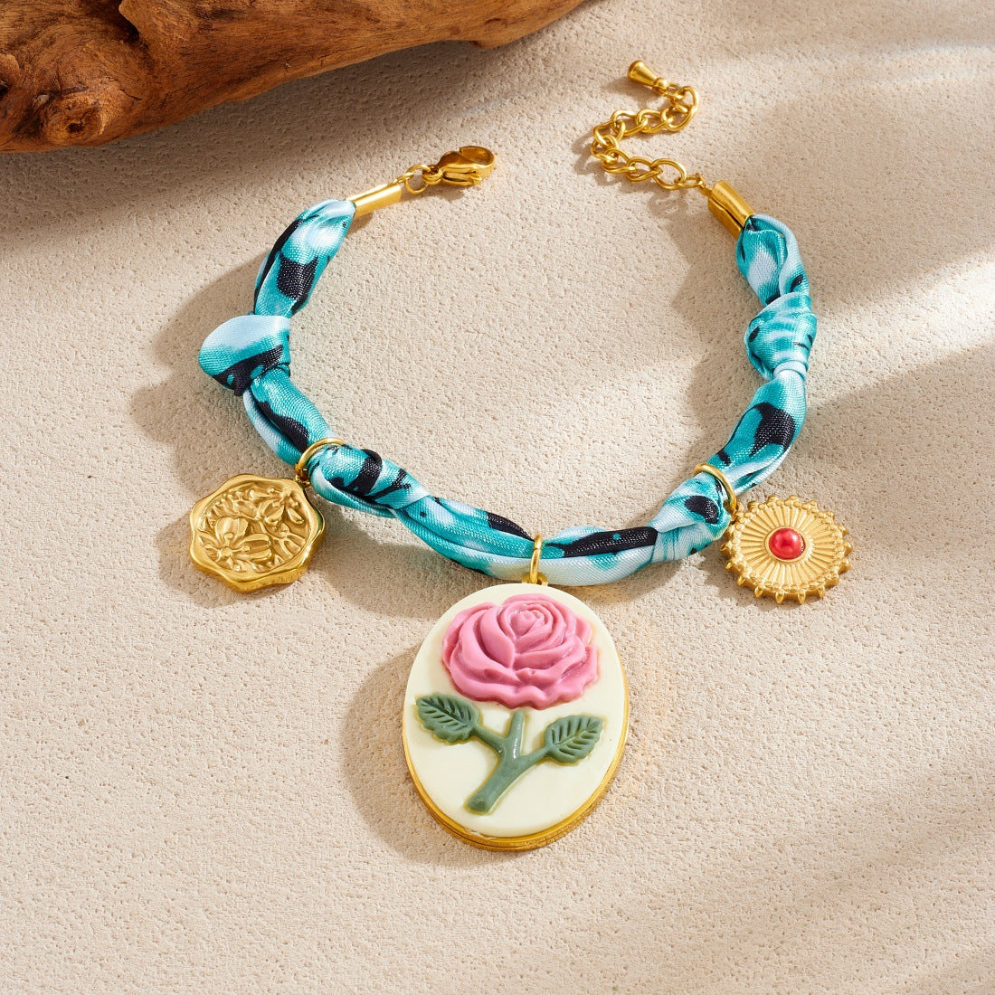 Blue Tie-Dye Fabric Gold Plated Heart Oval Floral Carved Pendant Necklace and Bracelet Set for Women
