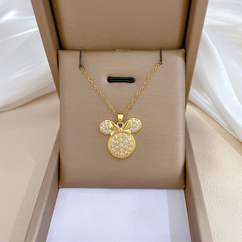 Minimalist Geometric Titanium Steel Necklace with Gold Plated Brass Pendant and Rhinestone Inlay