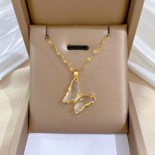 Butterfly Luxury Titanium Steel Clavicle Necklace with Rhinestone Inlay for Women