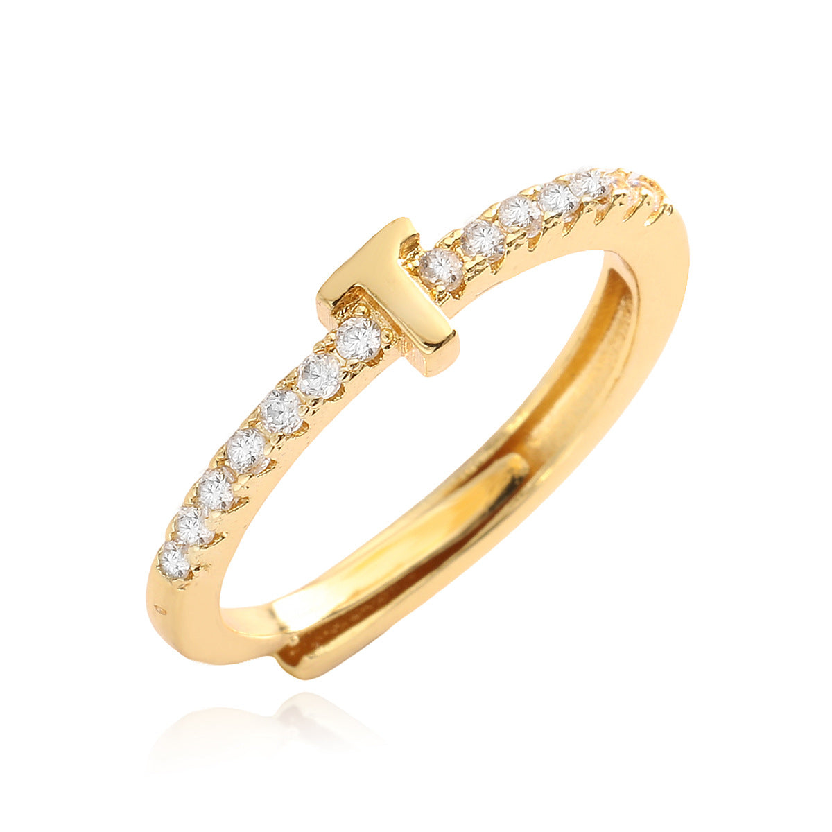 Anello in Rame Geometria Minimalista con Placcatura in Oro 18K e Zirconia Cubica, Design Regolabile a Lettera per Donna